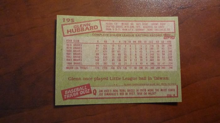 Glenn hubbard baseball card value