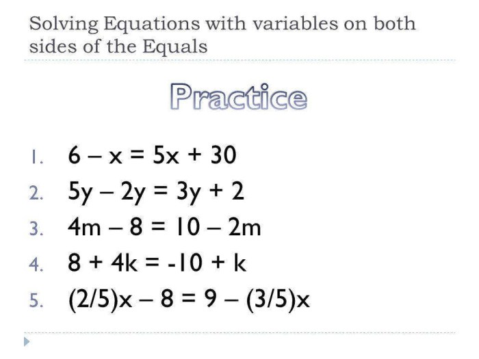 Solve equations with variables on both sides worksheet